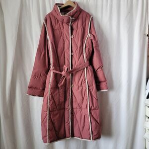 Vintage Cyclone Size 16 Quilted LONG Down Winter Coat Zip Button belted Mauve